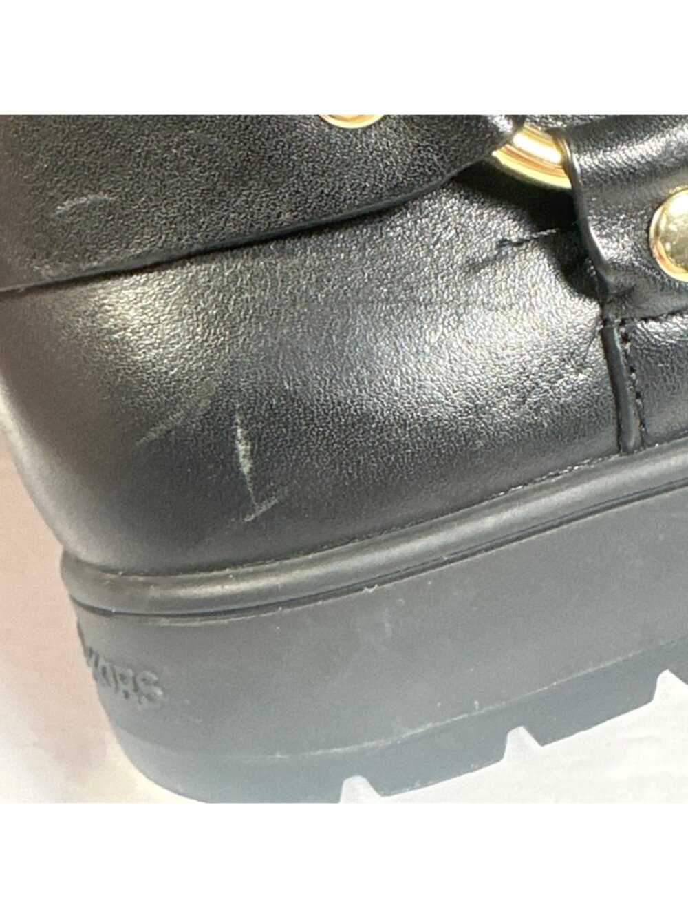MICHAEL KORS ESSEX ICONIC BLACK GOLD LOGO MOTO BIKER BOOTS Size 7M - Picture 9 of 13